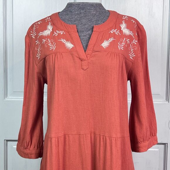 Embroidered Tiered Cotton Midi Dress Gauze Vermont Country Store Spice Rust Sz S - Picture 3 of 10